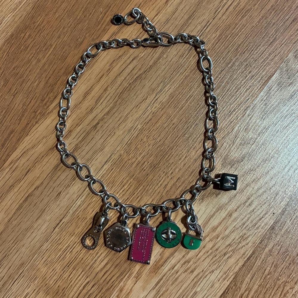 Marc By Marc Jacobs Silver-Tone Charm Necklace with Green and Pink Accents